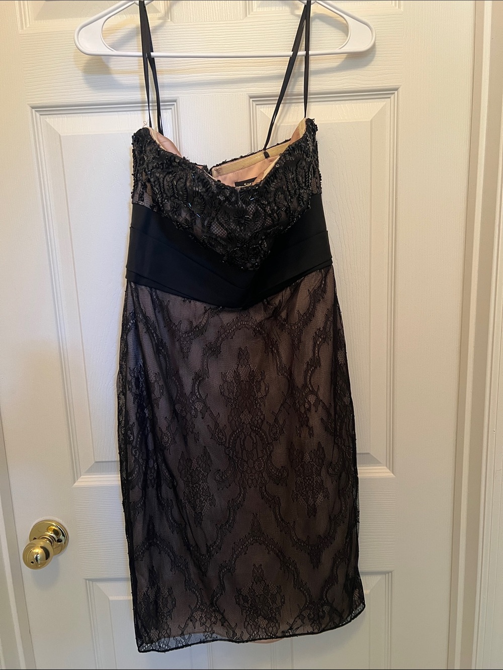 Black Lace Strapless Evening Dress with Satin Waistband